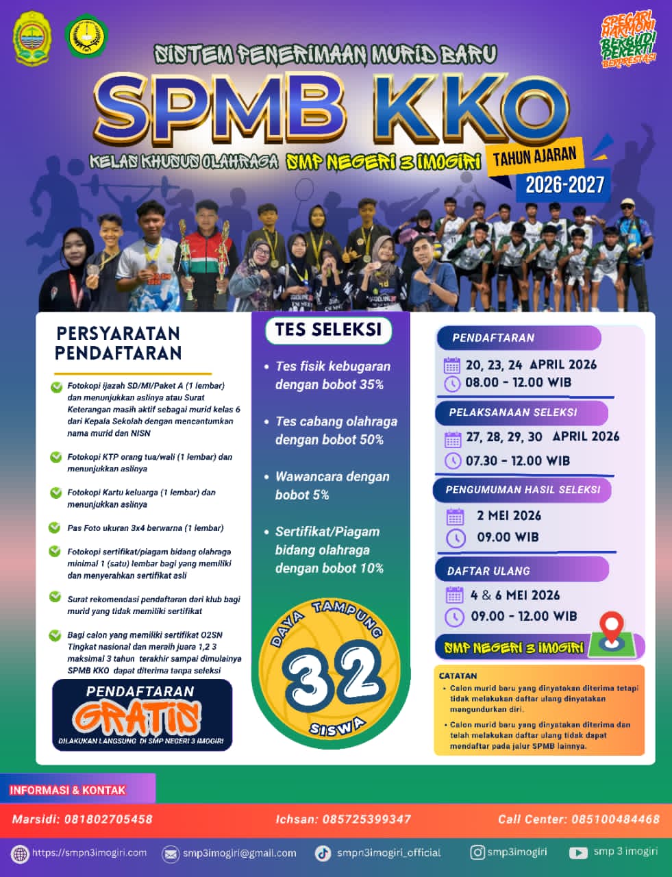 Penerimaan Murid Baru Kelas Khusus Olahraga (KKO) SMPN 3 Imogiri 2026